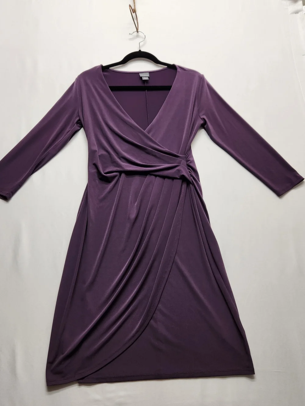 ⭐️Covington Plum Purple Faux Wrap Dress Small S Ruched V-Neck Midi Knit Body Con